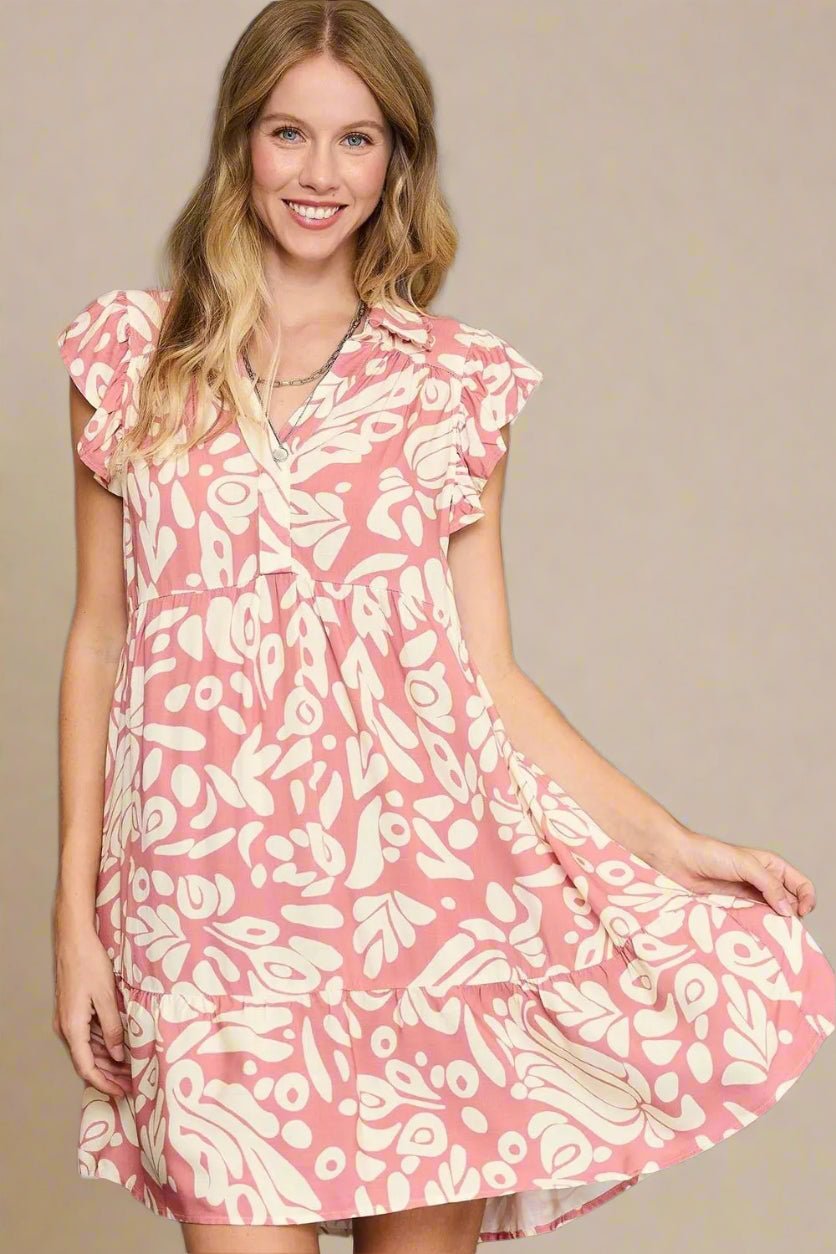 UMGEE - Rose Abstract Flutter Sleeve Mini Dress