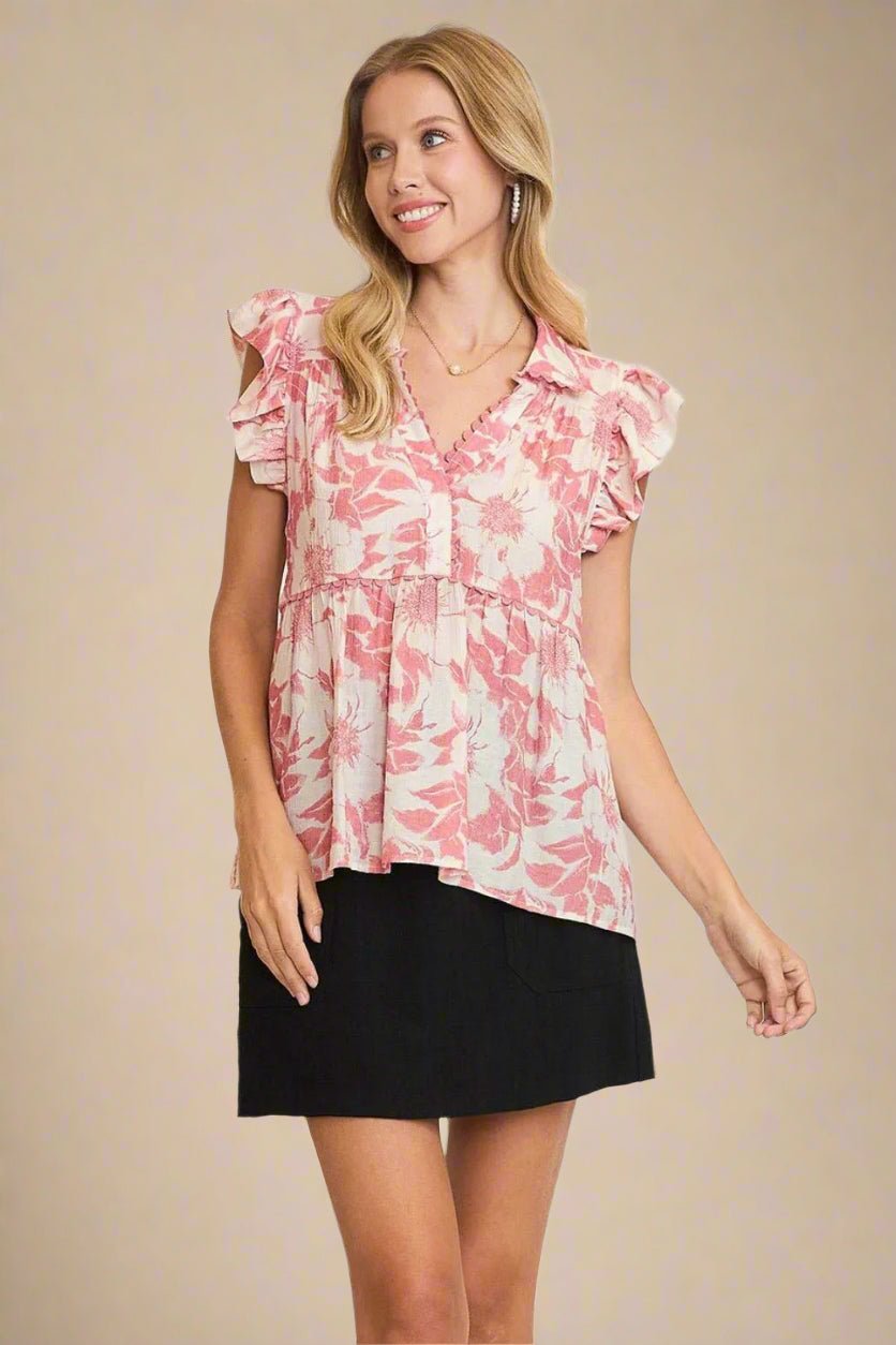 UMGEE - Rose Blush Floral Ruffle Sleeve Top