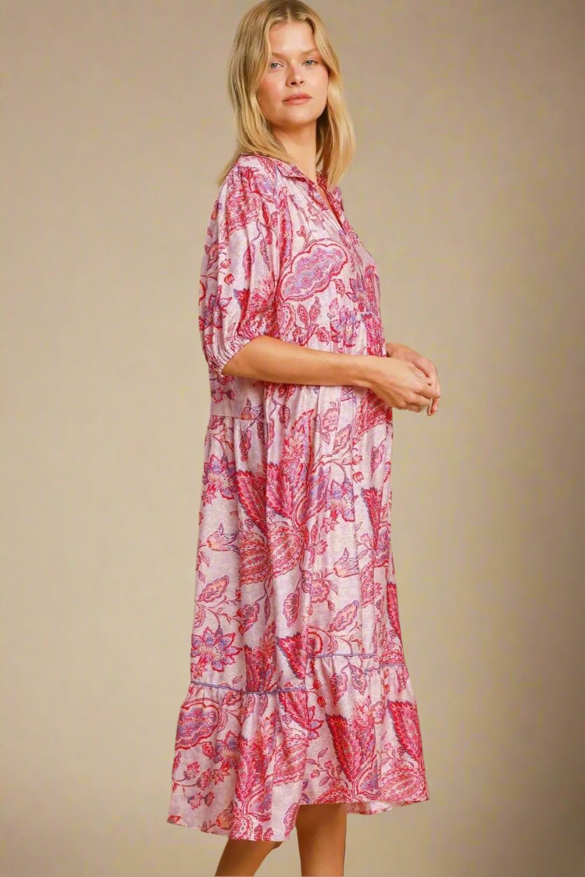 UMGEE - Rose Violet Paisley Collared Midi Dress