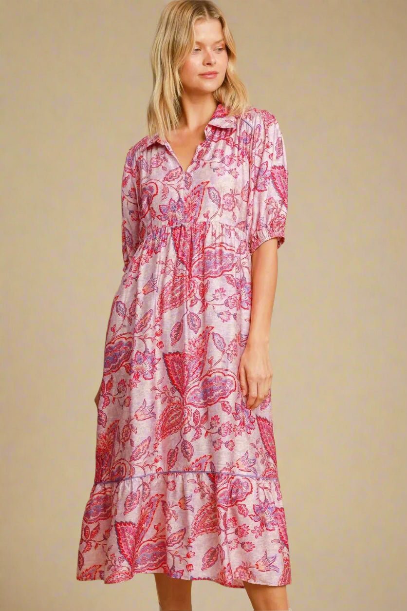 UMGEE - Rose Violet Paisley Collared Midi Dress