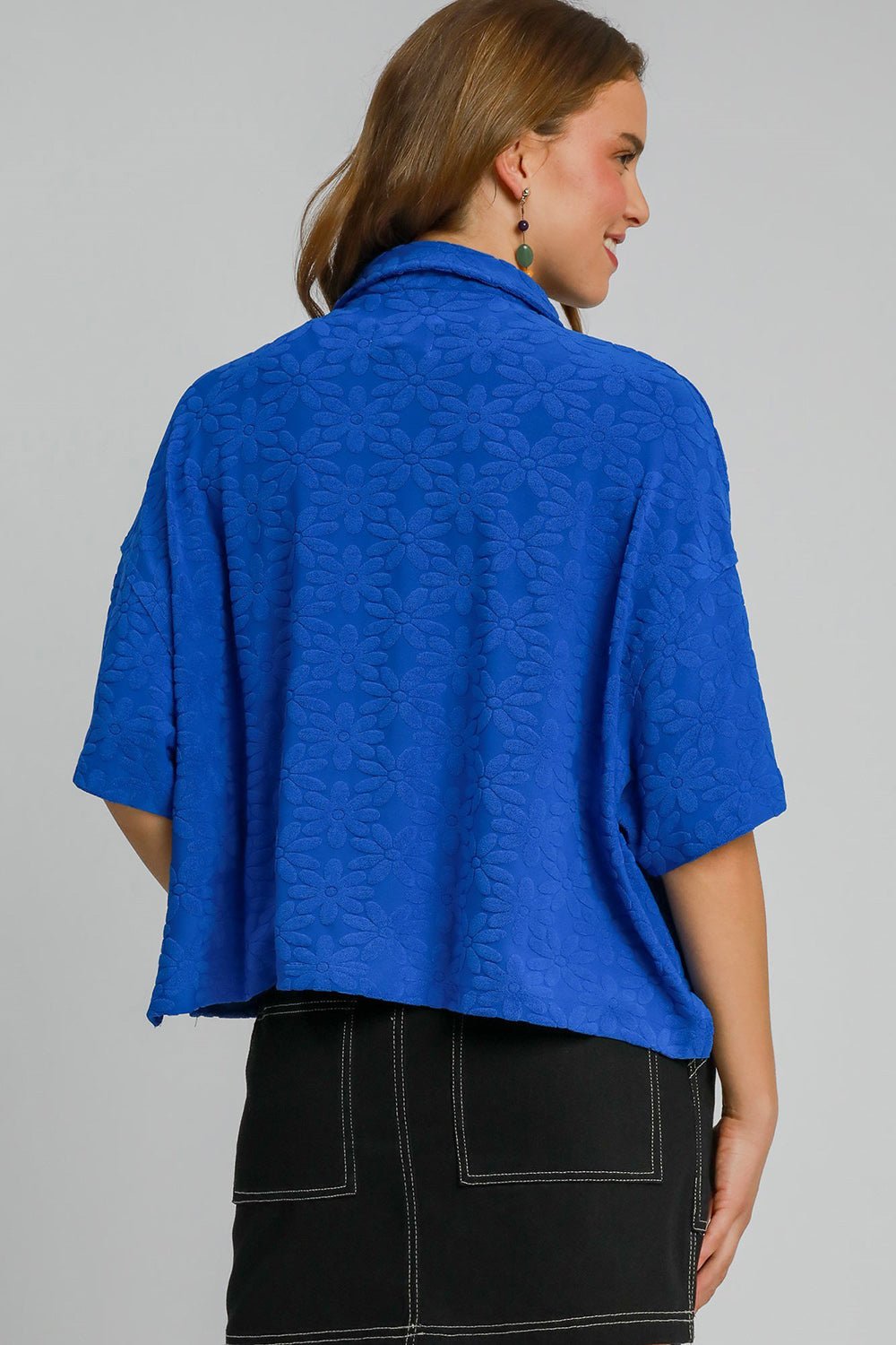 UMGEE - Royal Blue Floral Jacquard Half Sleeve Top