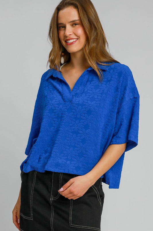 UMGEE - Royal Blue Floral Jacquard Half Sleeve Top