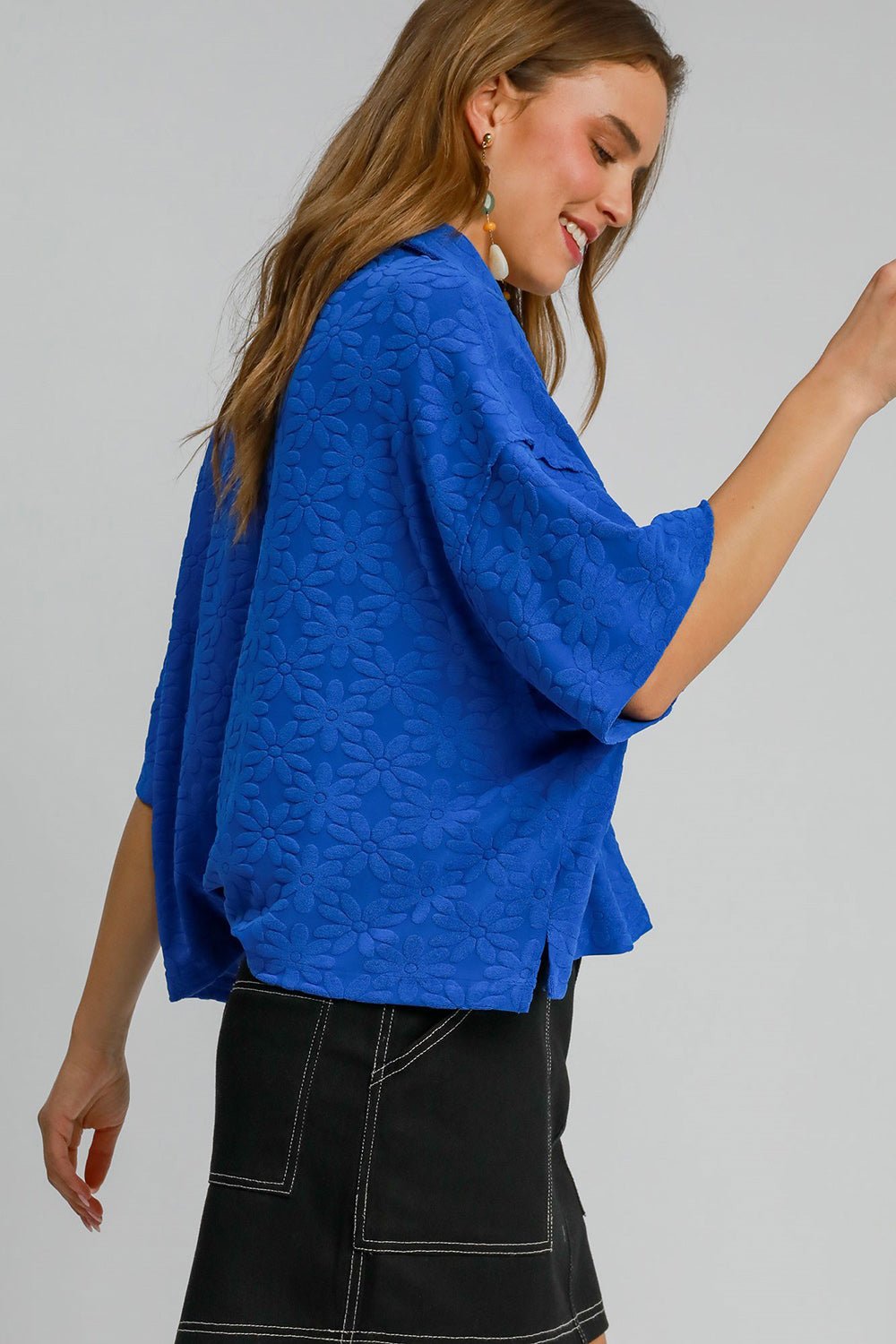 UMGEE - Royal Blue Floral Jacquard Half Sleeve Top