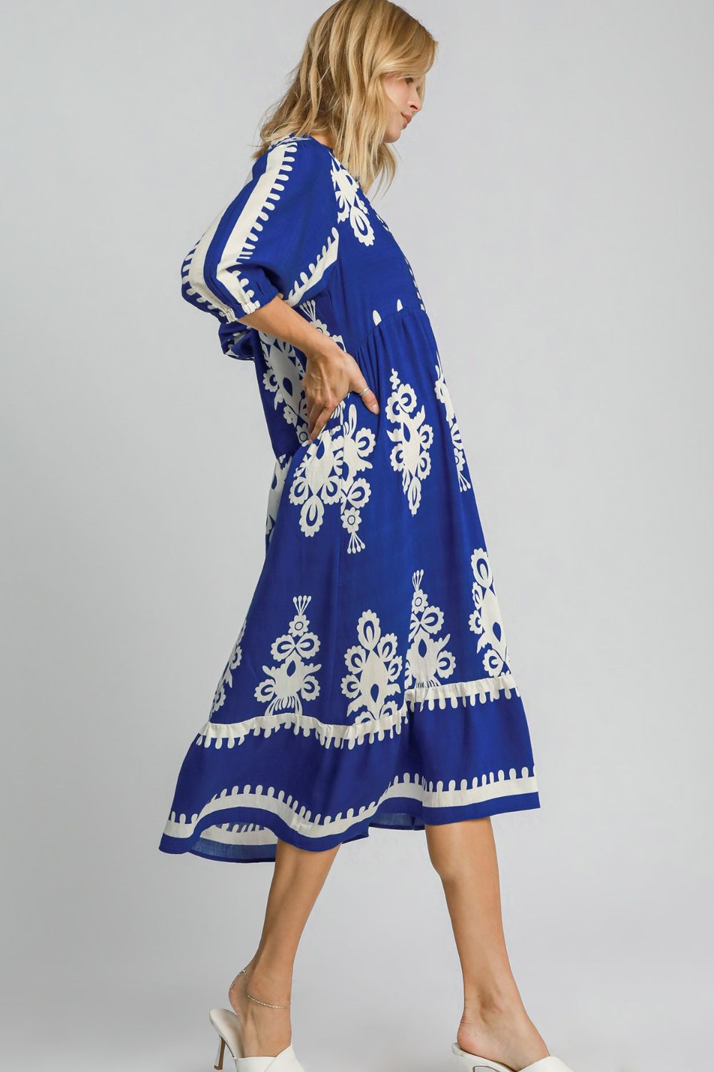 UMGEE - Royal Blue Printed V - Neck Midi Dress