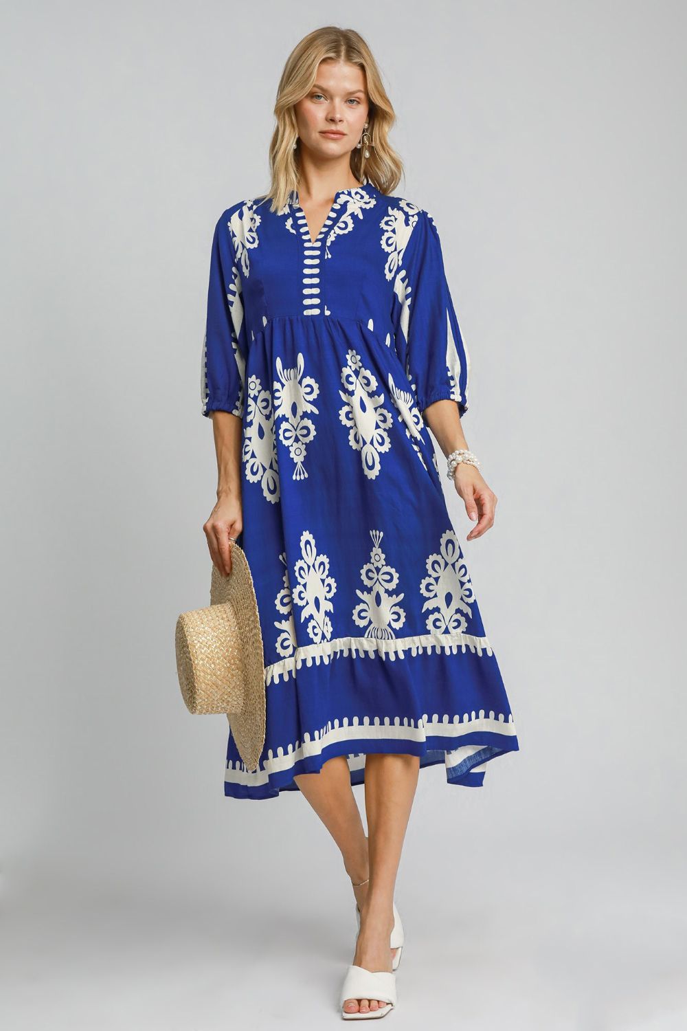 UMGEE - Royal Blue Printed V - Neck Midi Dress