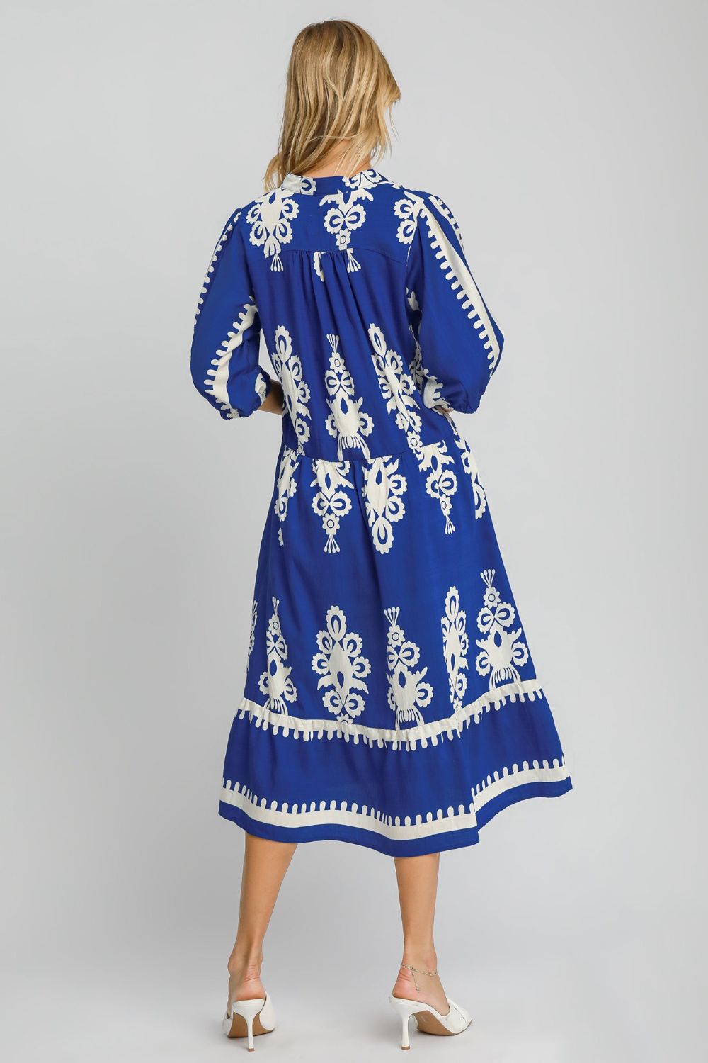 UMGEE - Royal Blue Printed V - Neck Midi Dress