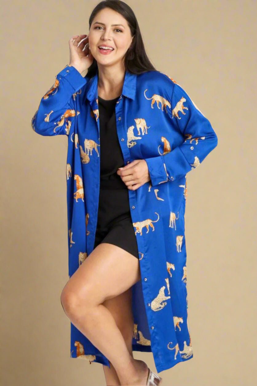 UMGEE - Royal Blue Satin Leopard Midi Shirt Dress