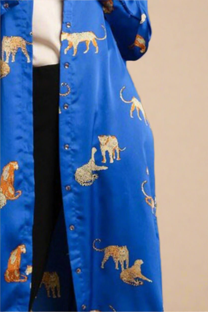 UMGEE - Royal Blue Satin Leopard Midi Shirt Dress