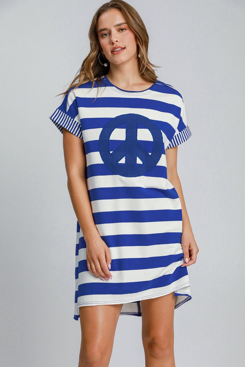 UMGEE - Royal Blue Striped Peace Applique Short Sleeve Mini Dress