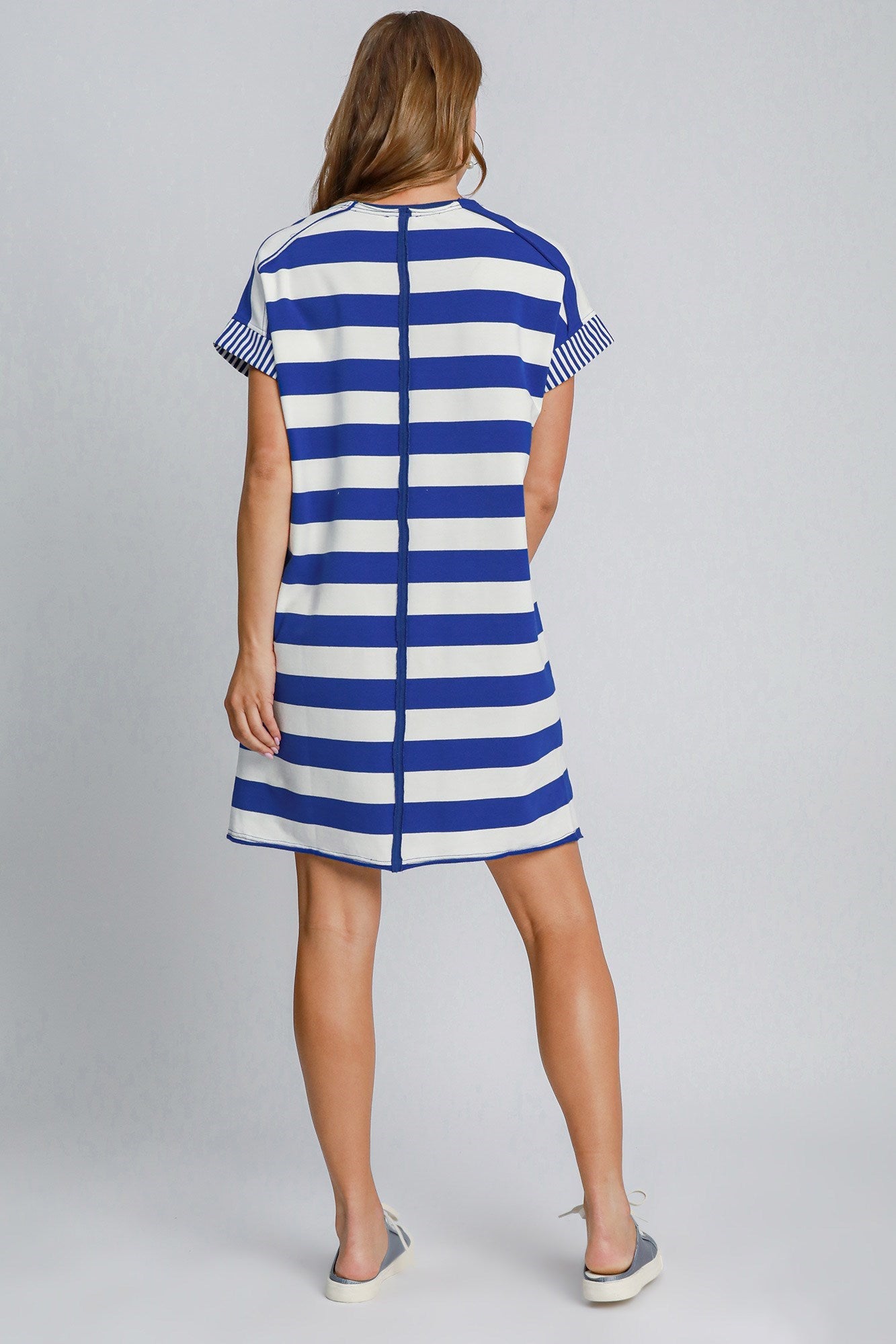 UMGEE - Royal Blue Striped Peace Applique Short Sleeve Mini Dress