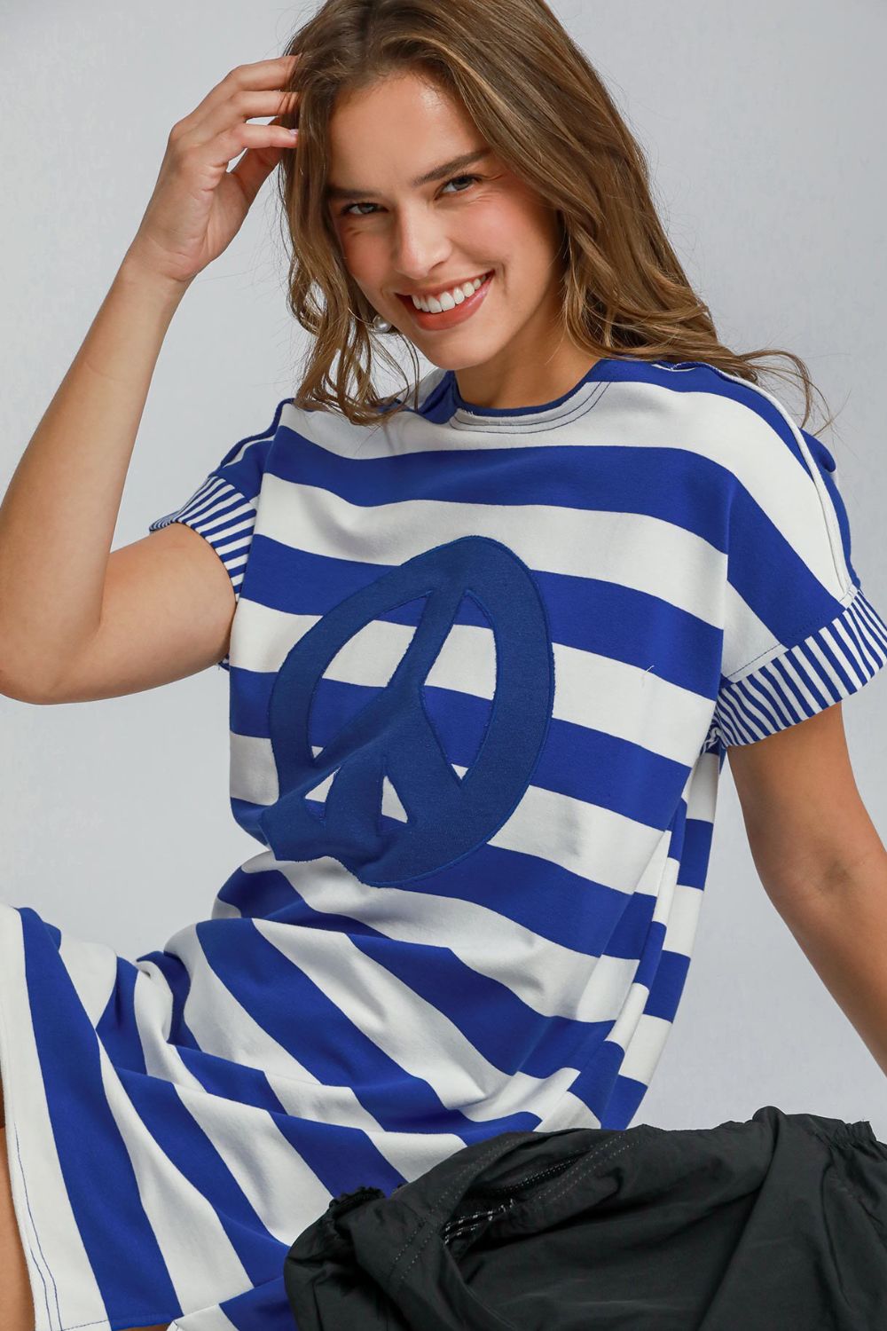 UMGEE - Royal Blue Striped Peace Applique Short Sleeve Mini Dress