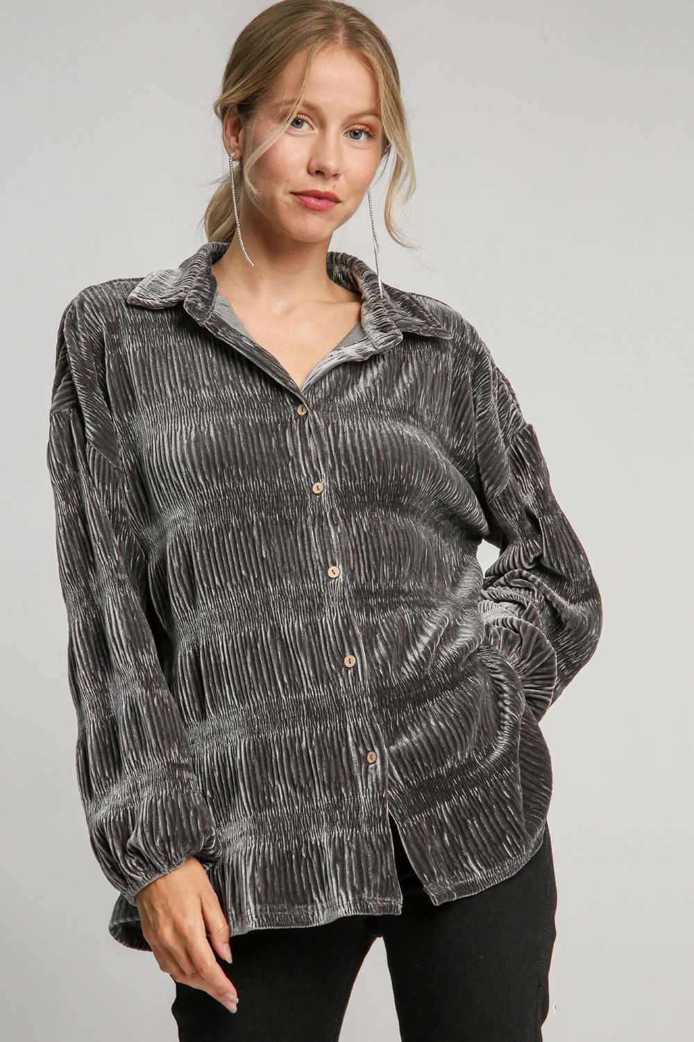 UMGEE - Ruched Button Up Velvet Shirt in Gunmetal