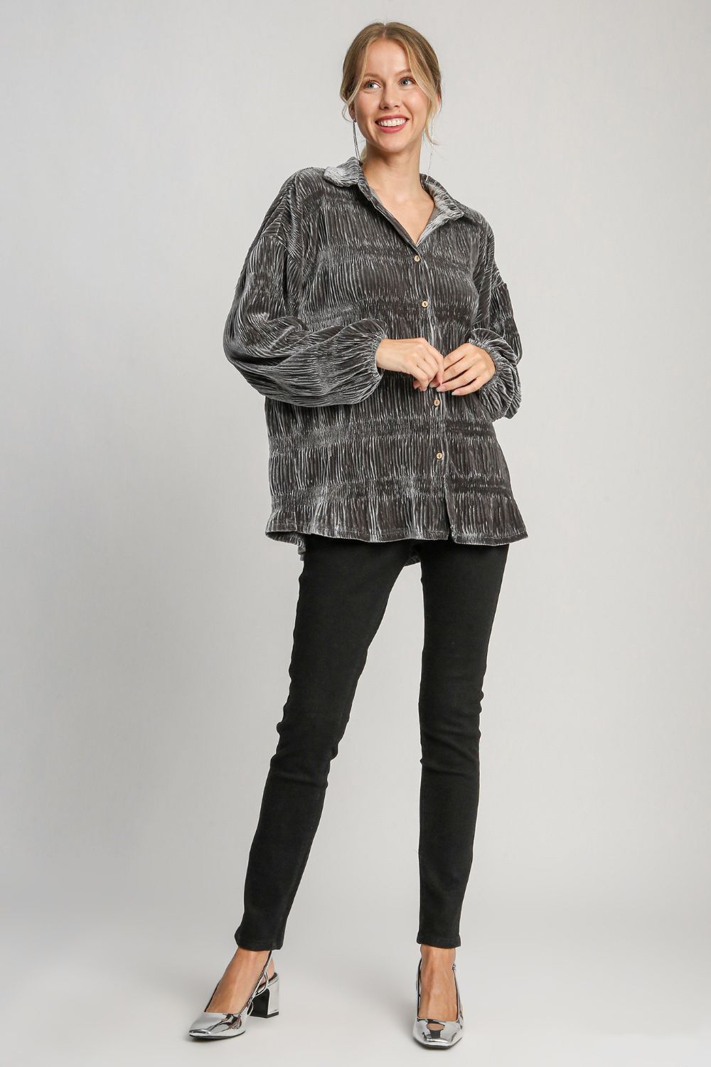 UMGEE - Ruched Button Up Velvet Shirt in Gunmetal