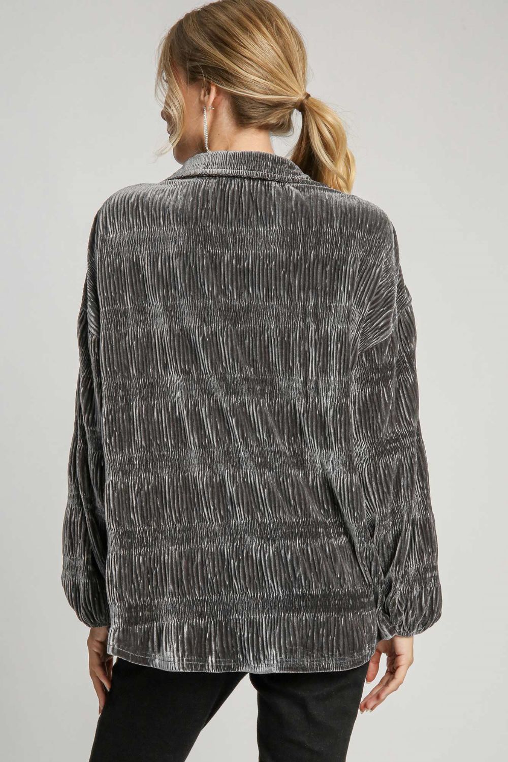 UMGEE - Ruched Button Up Velvet Shirt in Gunmetal