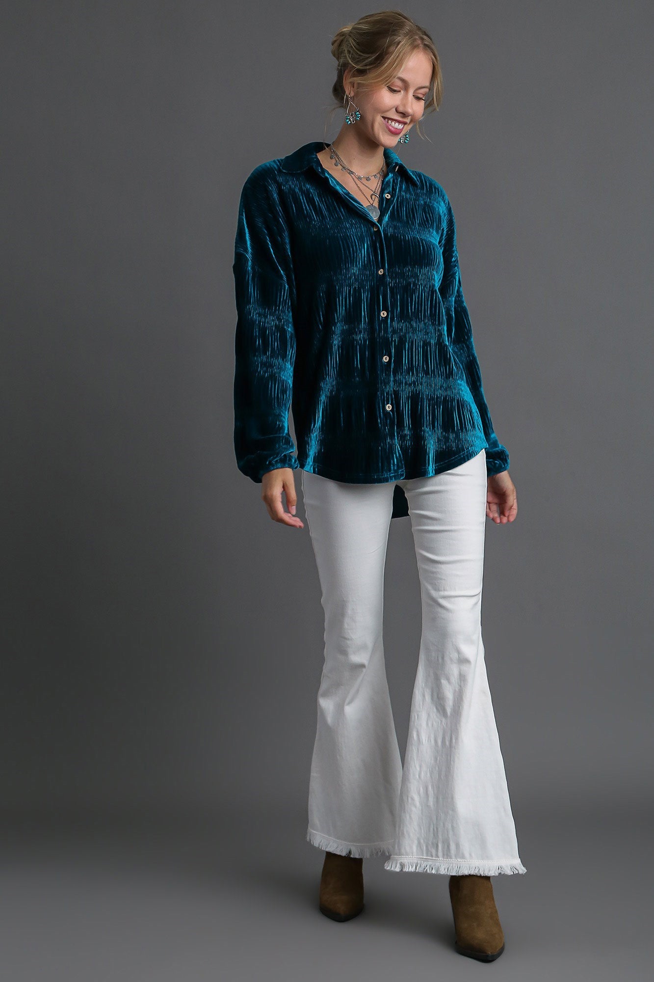 UMGEE - Ruched Button Up Velvet Shirt in Teal