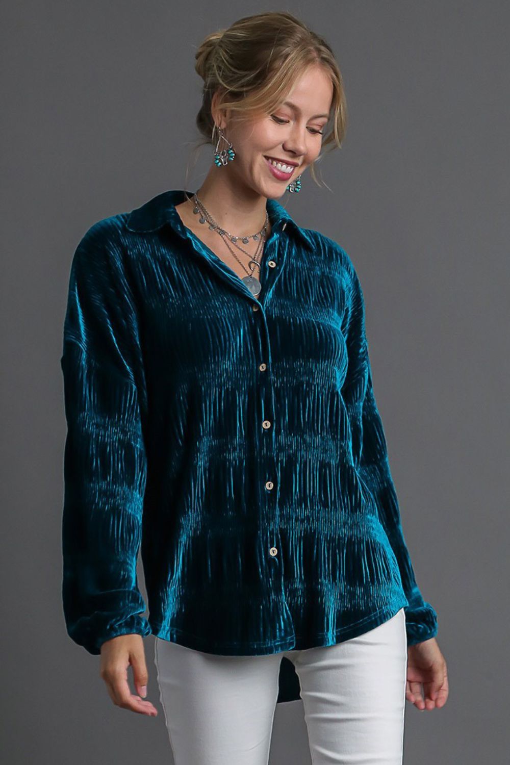 UMGEE - Ruched Button Up Velvet Shirt in Teal