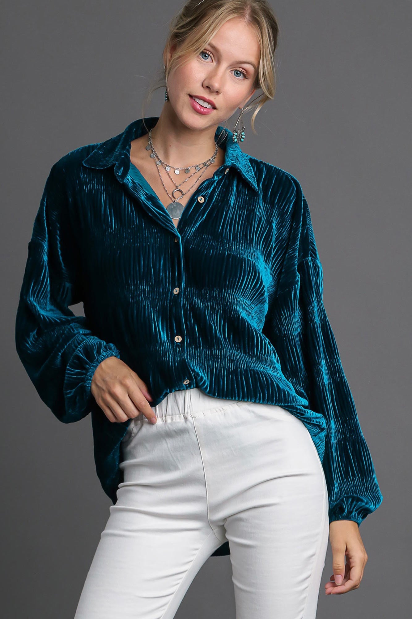 UMGEE - Ruched Button Up Velvet Shirt in Teal