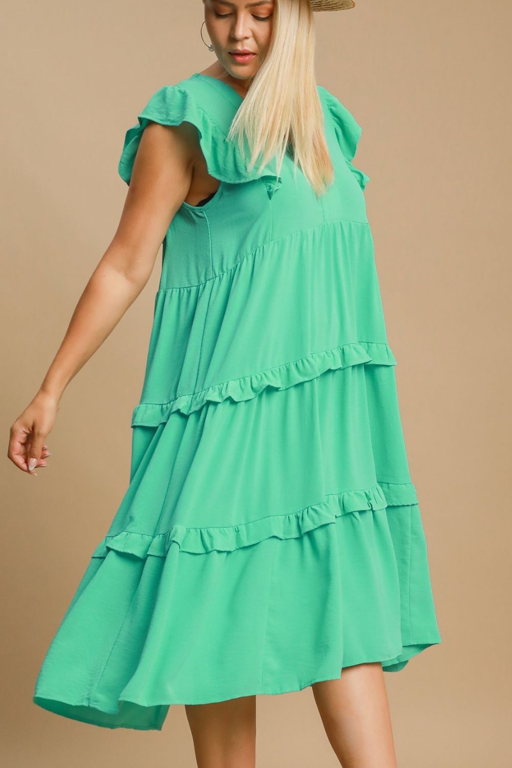 UMGEE - Ruffle Cap Sleeve Midi Dress in Emerald