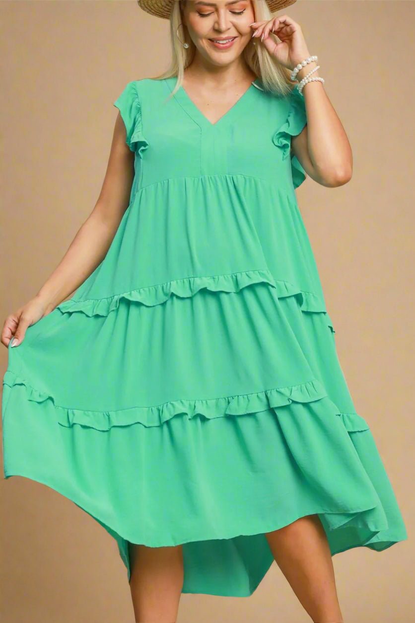 UMGEE - Ruffle Cap Sleeve Midi Dress in Emerald