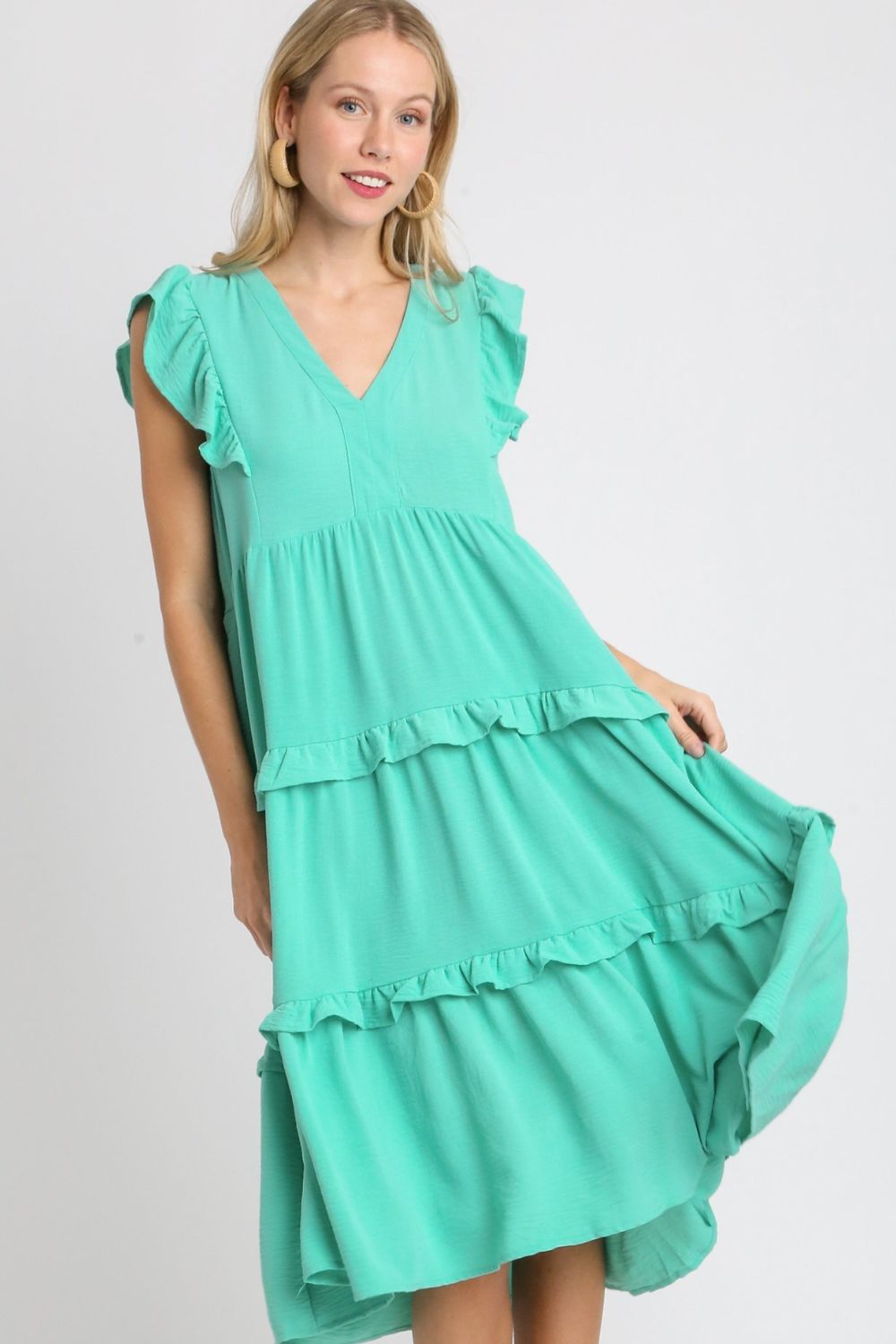 UMGEE - Ruffle Cap Sleeve Midi Dress in Emerald