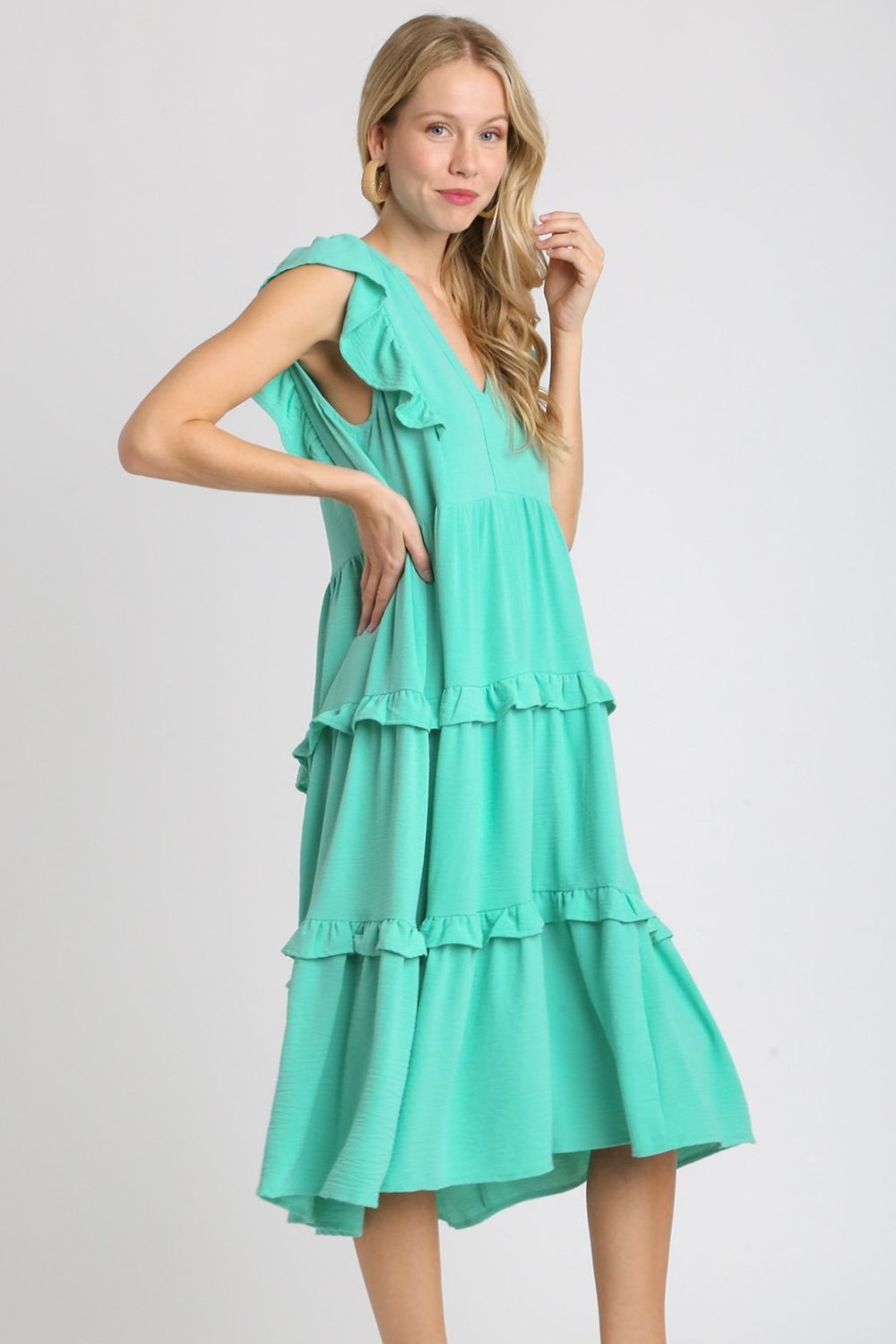 UMGEE - Ruffle Cap Sleeve Midi Dress in Emerald