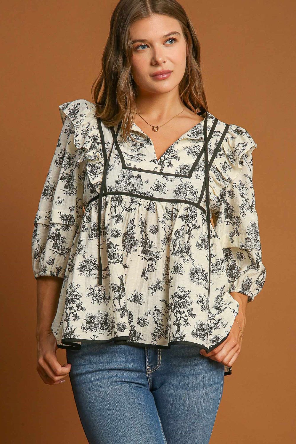 UMGEE - Ruffled Tie Neck Babydoll Blouse in Floral Cream