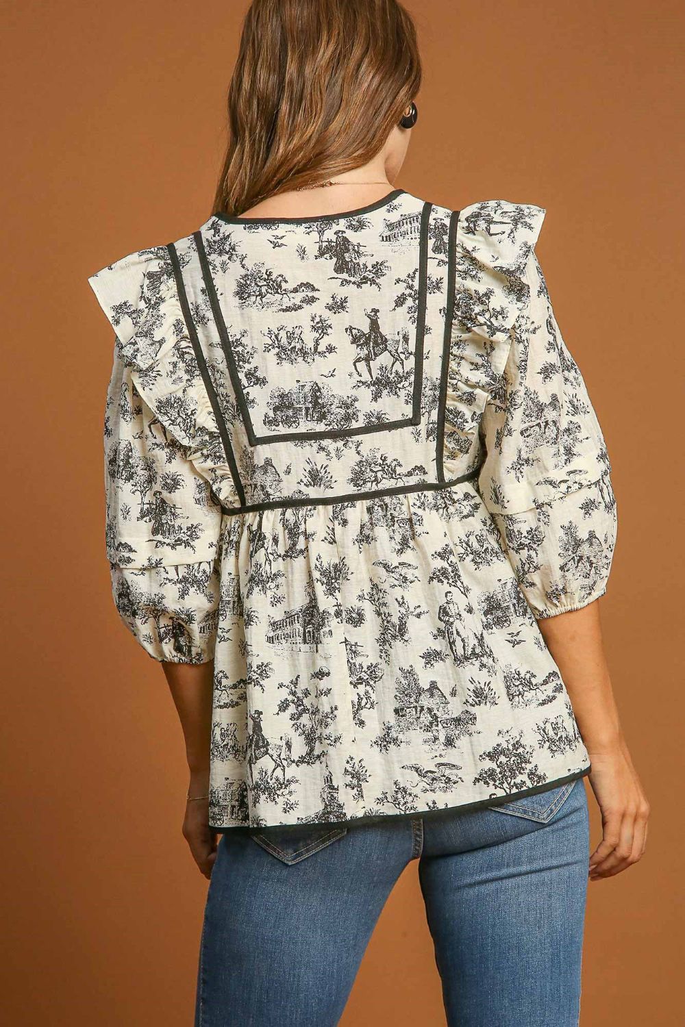 UMGEE - Ruffled Tie Neck Babydoll Blouse in Floral Cream