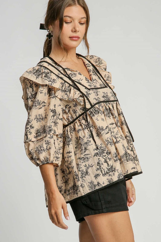 UMGEE - Ruffled Tie Neck Babydoll Blouse in Floral Taupe