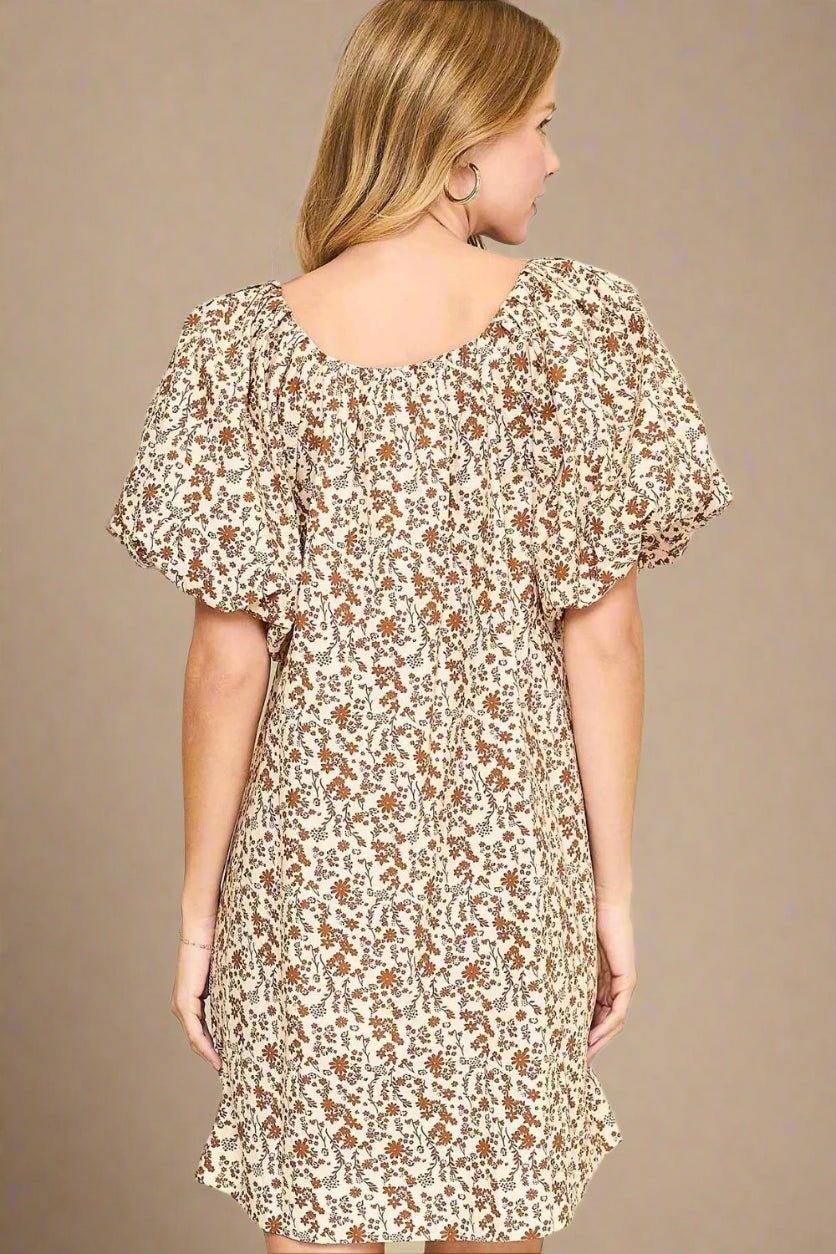 UMGEE - Rust Floral Puff Sleeve Mini Dress