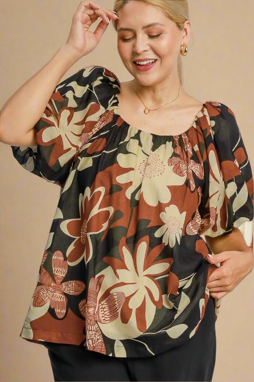 UMGEE - Rust & Olive Puff Sleeve Floral Blouse