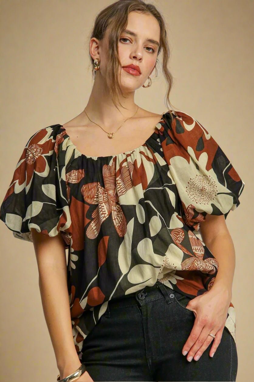 UMGEE - Rust & Olive Puff Sleeve Floral Blouse