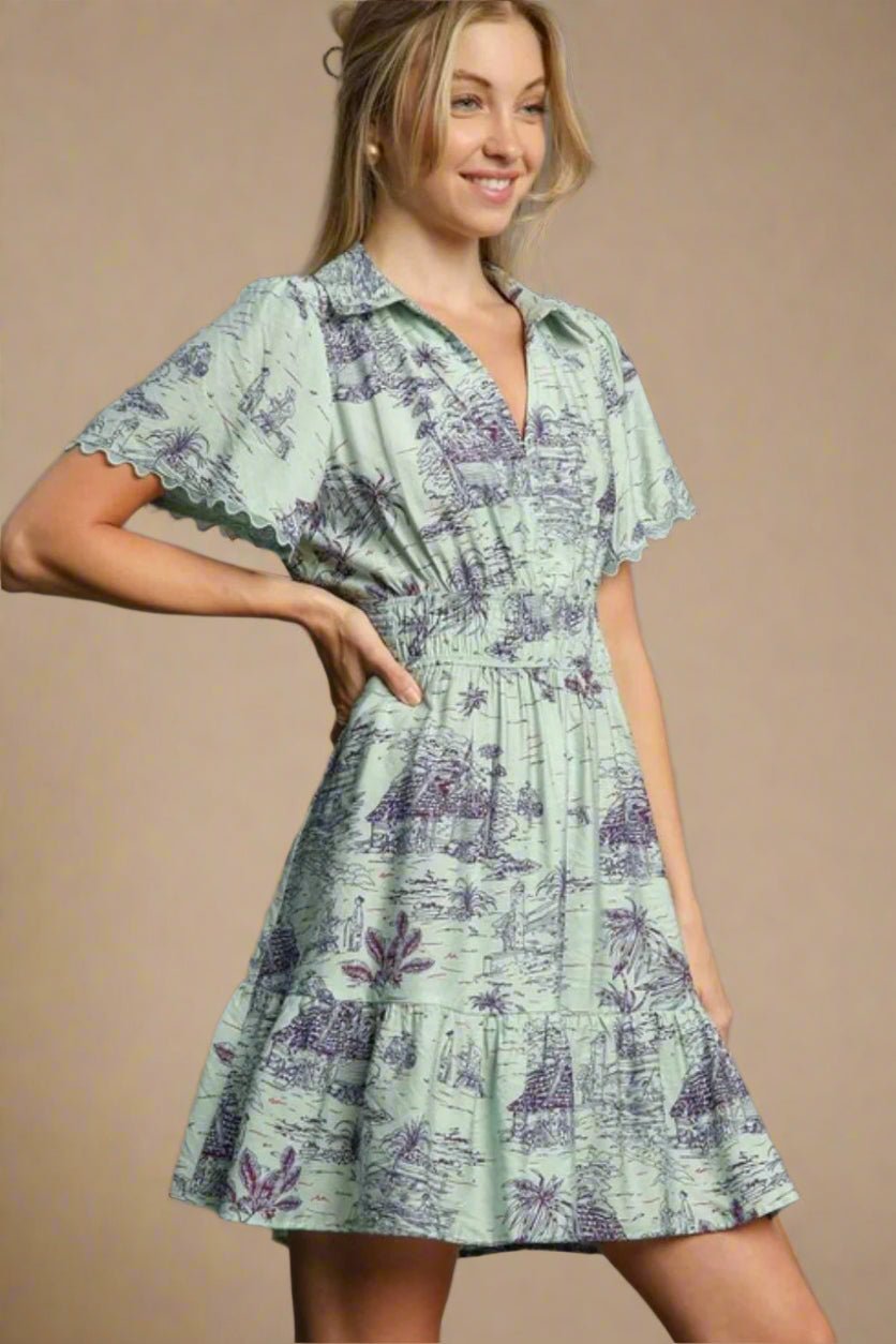 UMGEE - Sage Tropical Toile Collared Mini Dress