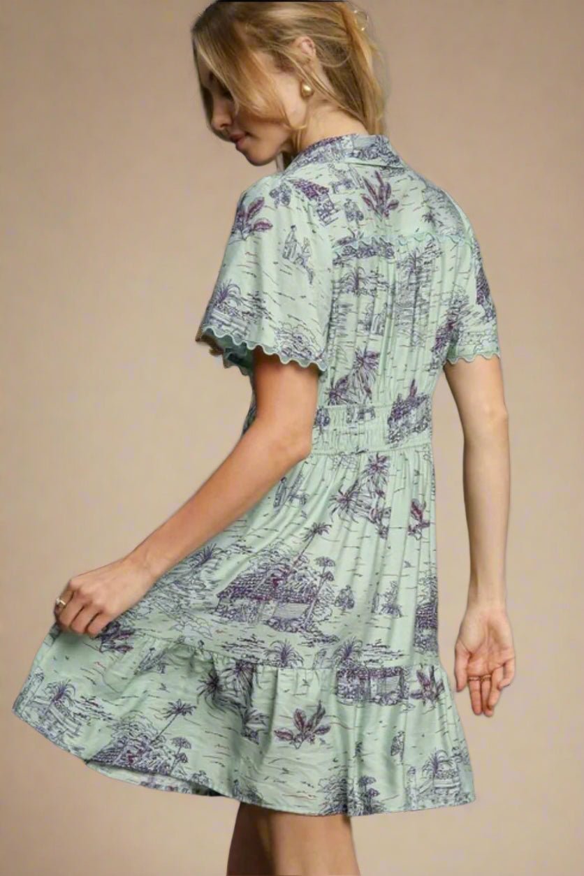 UMGEE - Sage Tropical Toile Collared Mini Dress