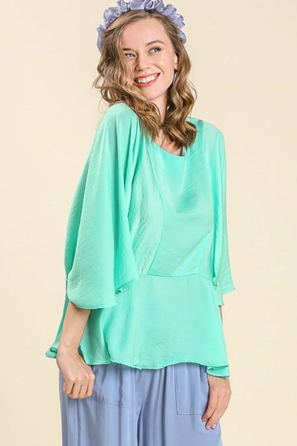UMGEE - Satin Flutter Peplum Top in Seafoam