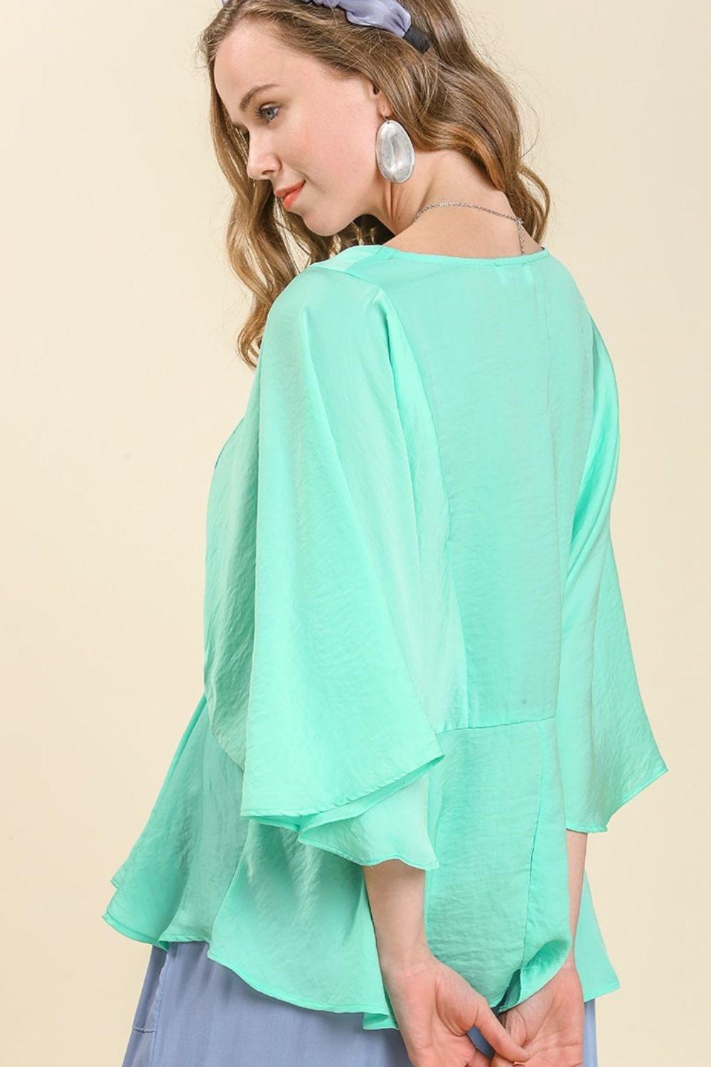 UMGEE - Satin Flutter Peplum Top in Seafoam