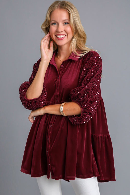 UMGEE - Sequin Detail Half Sleeve Velvet Top in Wine