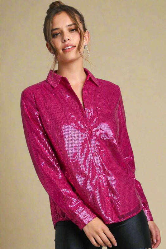 UMGEE - Sequined Long Sleeve Shirt in Cerise