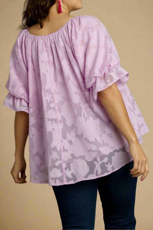 UMGEE - Sheer Floral Puff Sleeve Top in Lavender