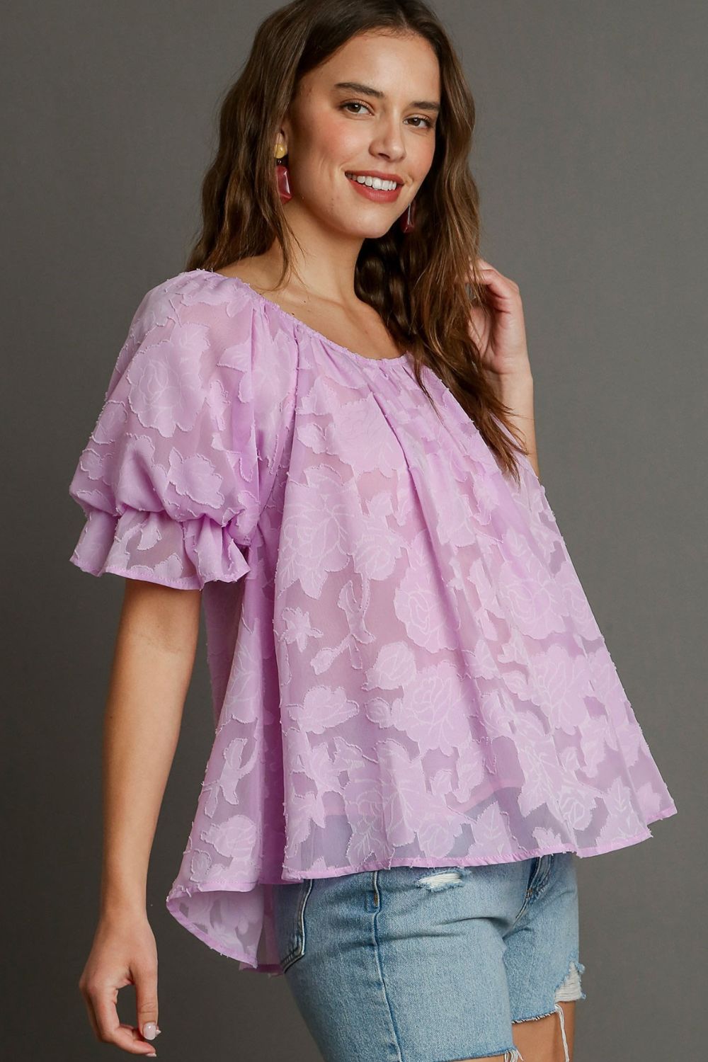 UMGEE - Sheer Floral Puff Sleeve Top in Lavender