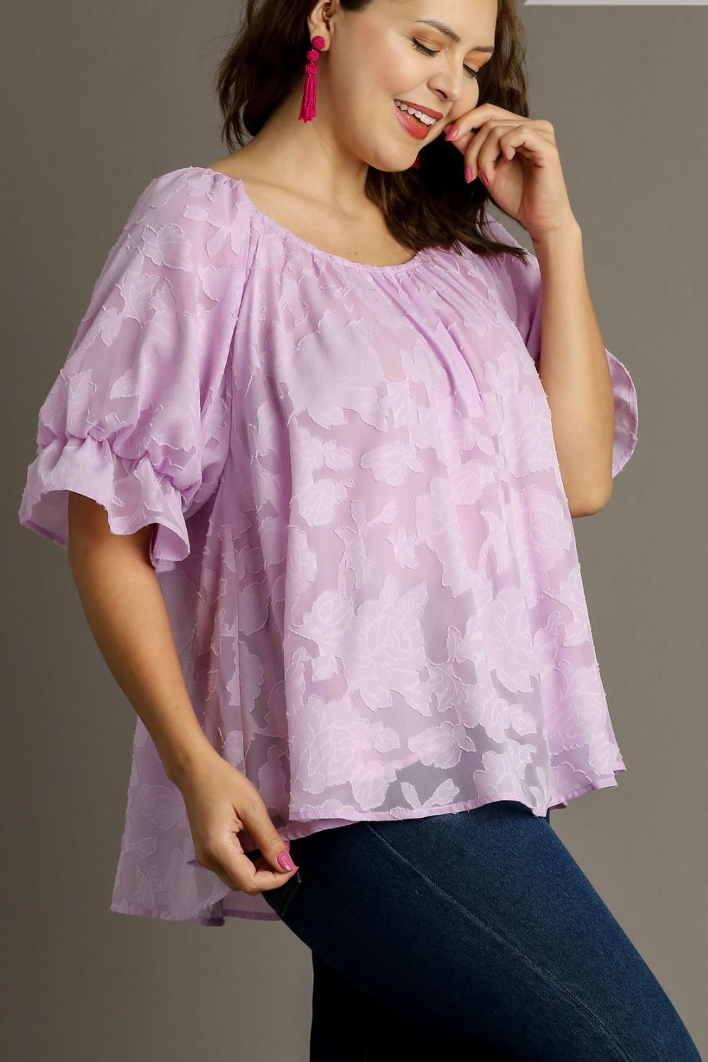 UMGEE - Sheer Floral Puff Sleeve Top in Lavender