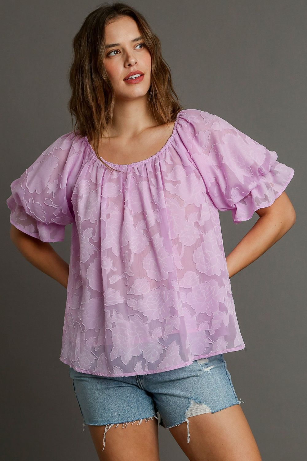 UMGEE - Sheer Floral Puff Sleeve Top in Lavender