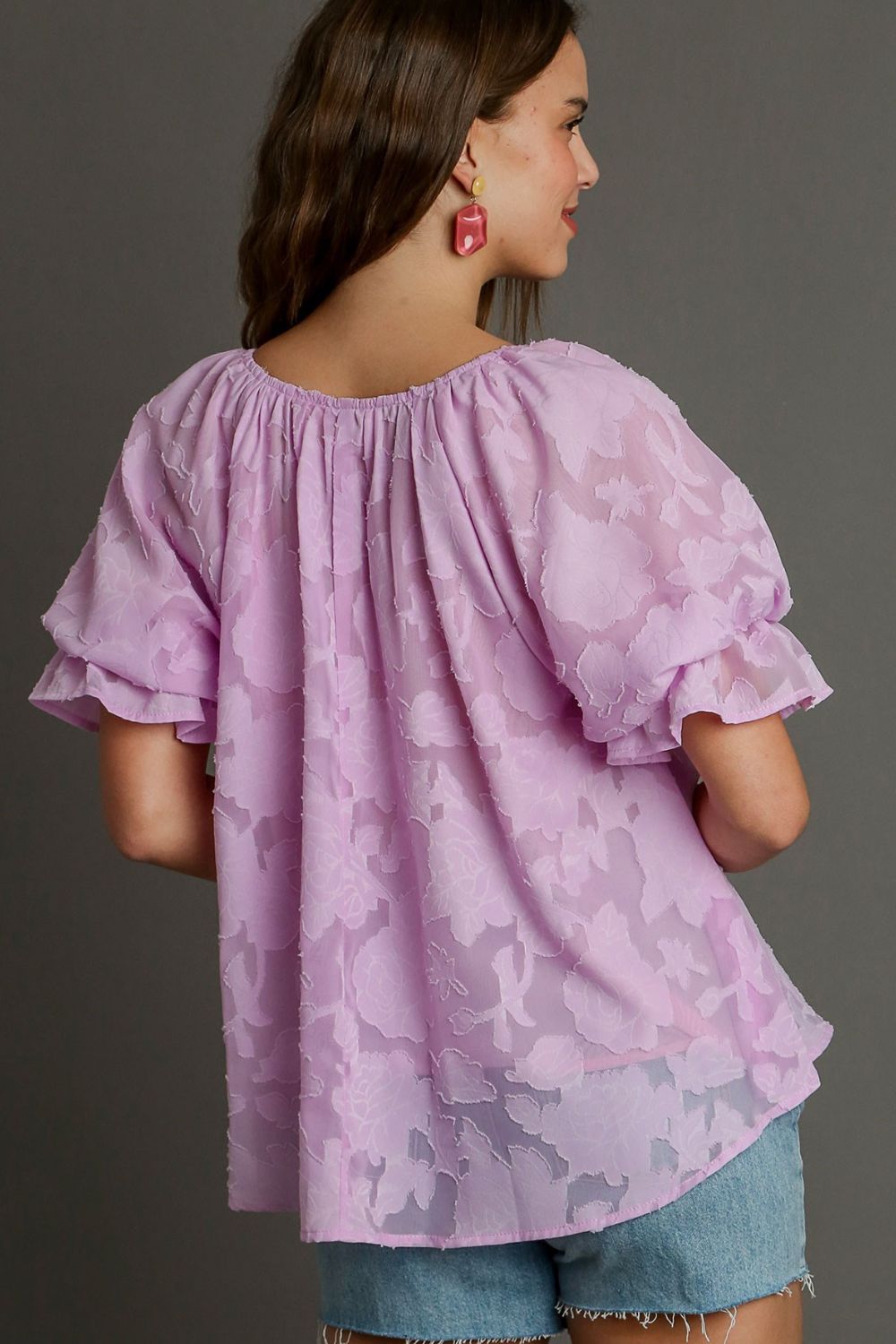 UMGEE - Sheer Floral Puff Sleeve Top in Lavender