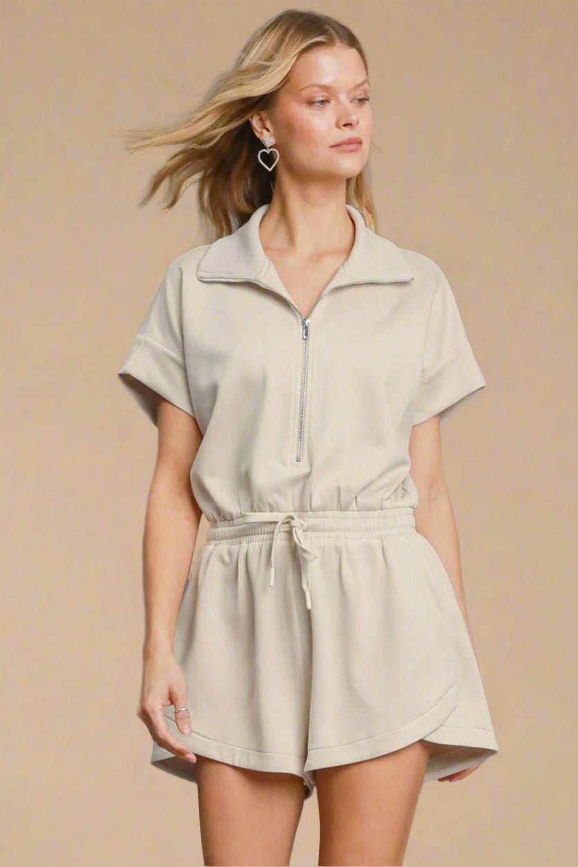 UMGEE - Short Sleeve Zip Front Romper in Ecru
