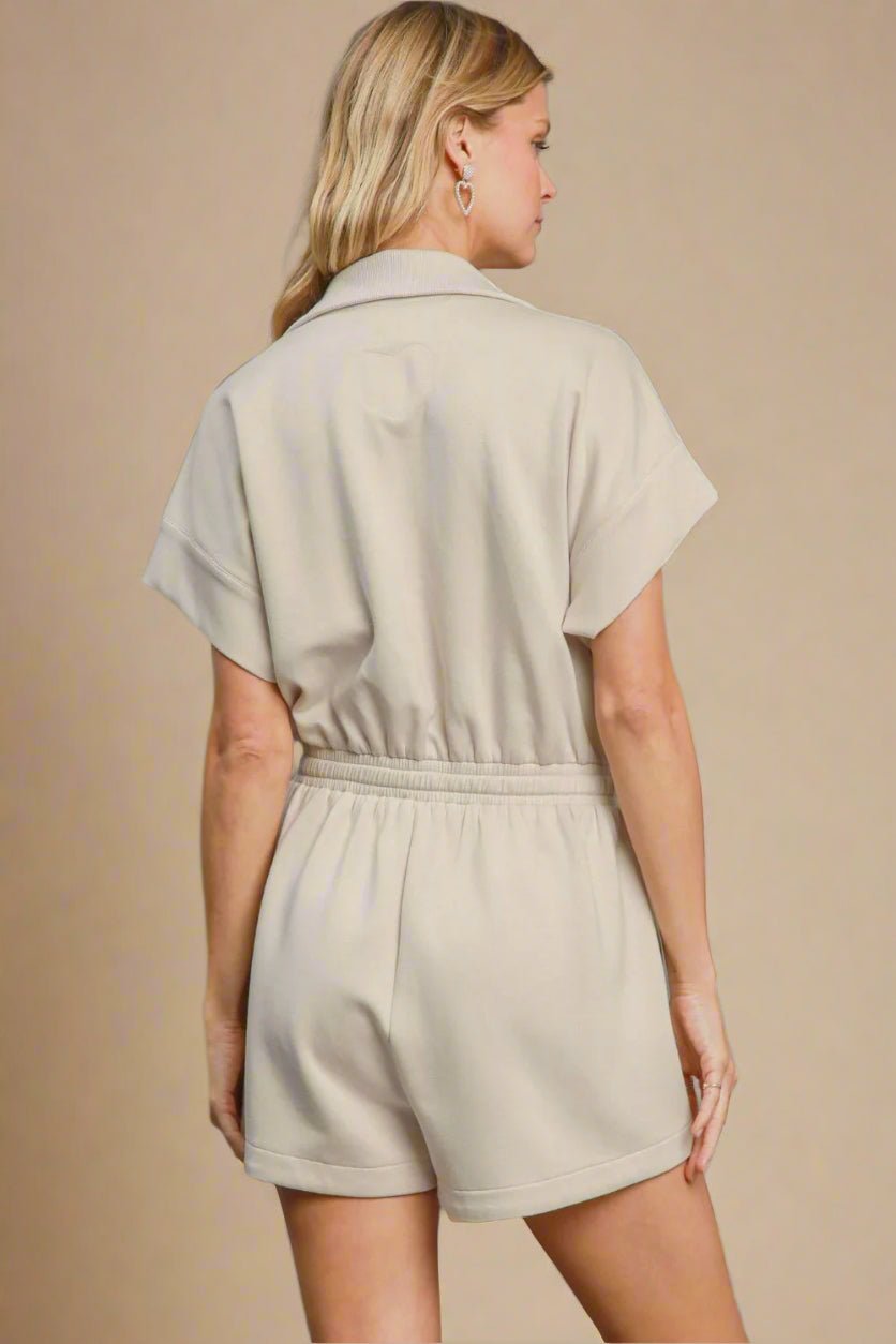 UMGEE - Short Sleeve Zip Front Romper in Ecru