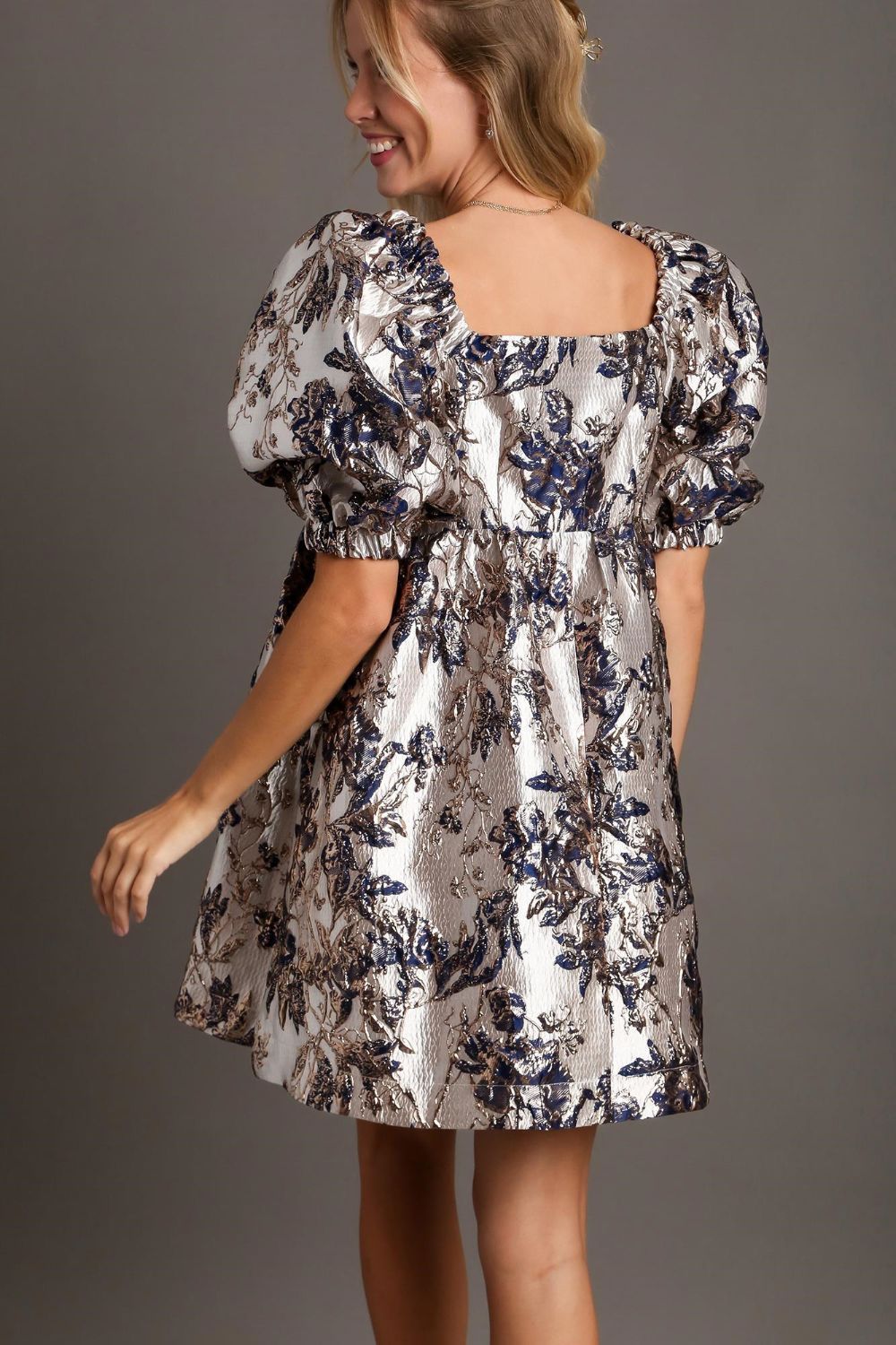 UMGEE - Silver Navy Floral Metallic Jacquard Puff Sleeve Mini Dress