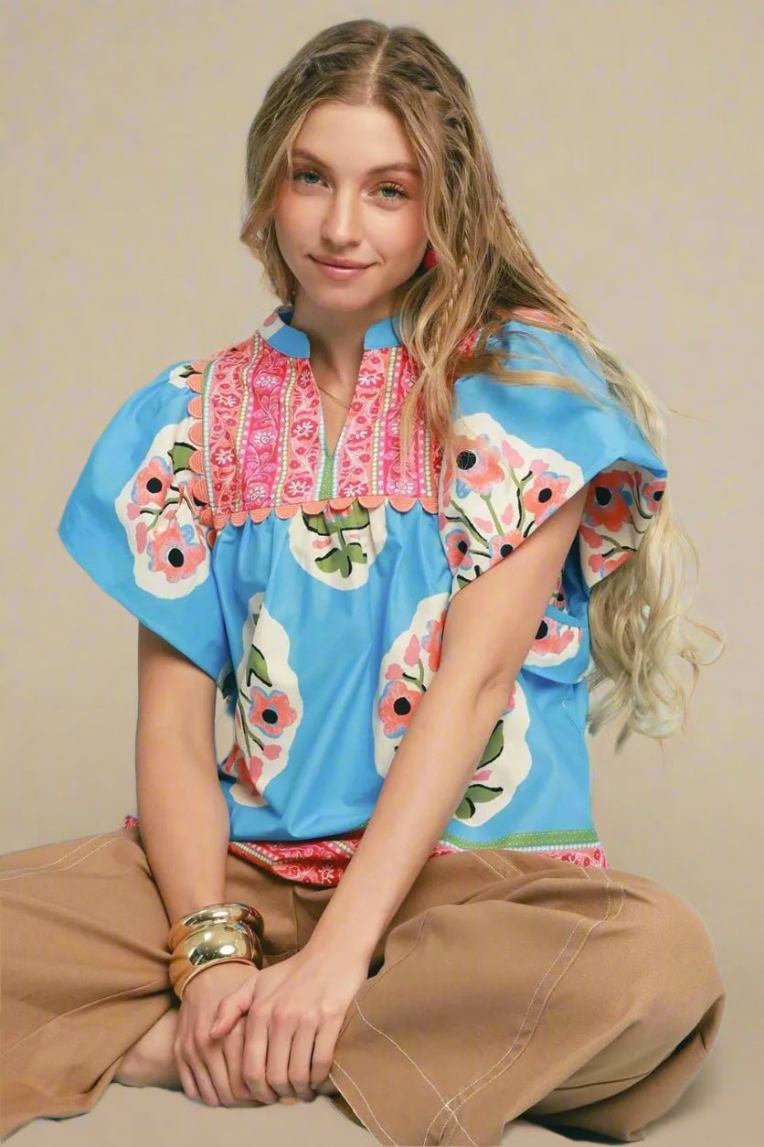 UMGEE - Sky Blue Floral Boho Top