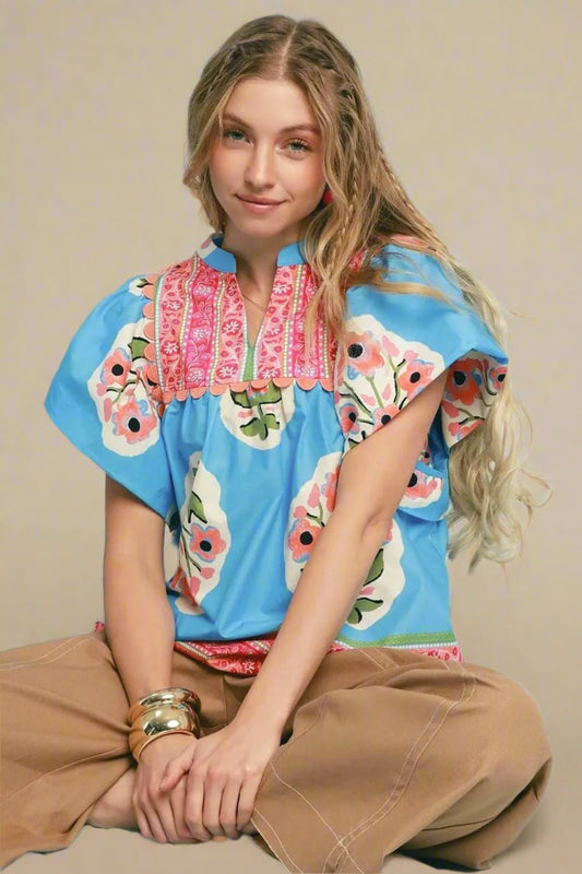 UMGEE - Sky Blue Floral Boho Top