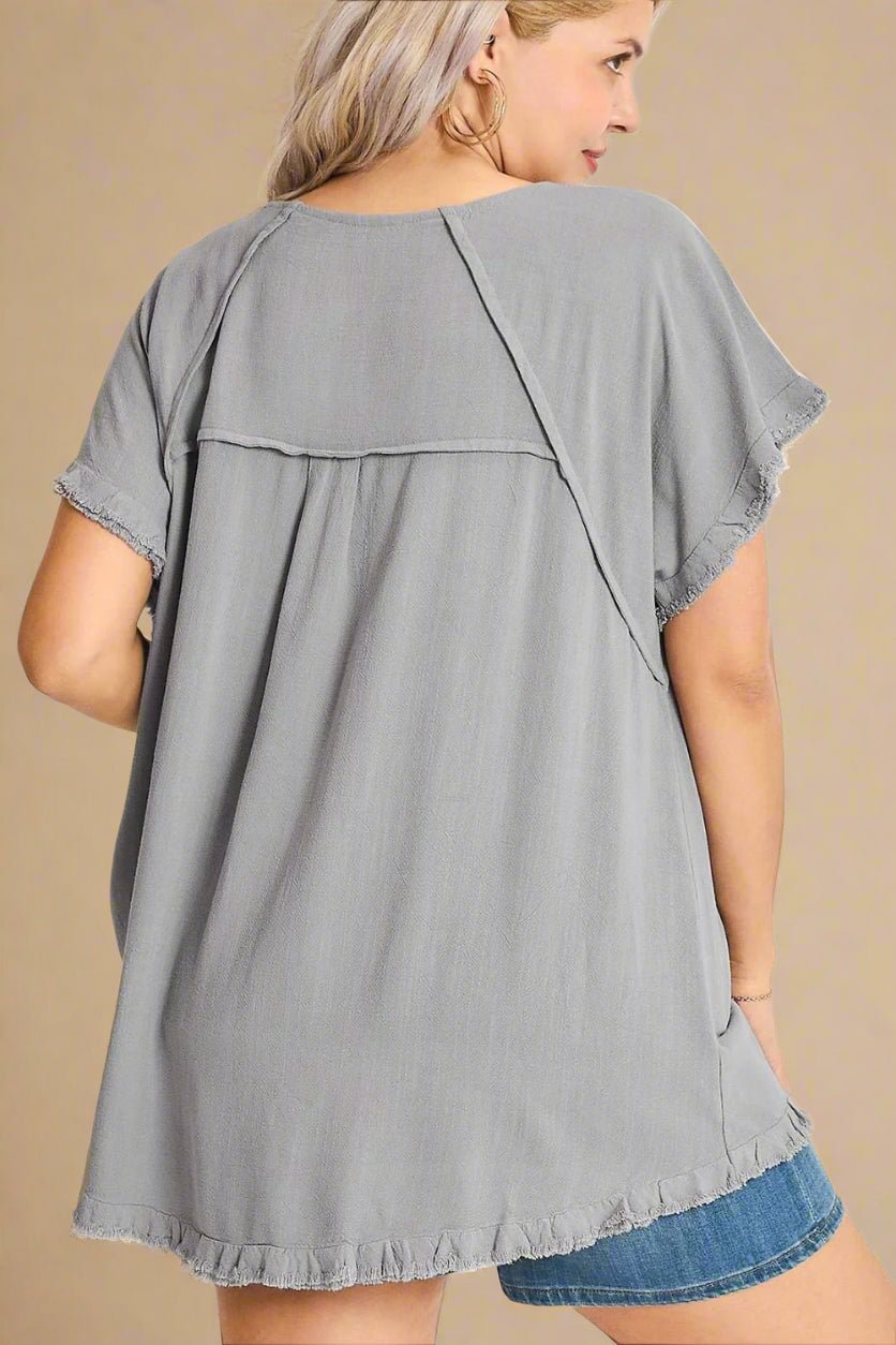 UMGEE - Slate Gray Frayed Hem Raglan Top