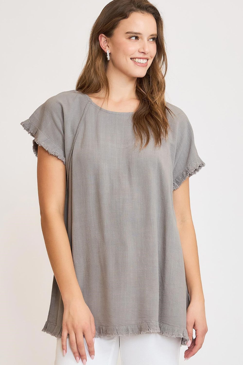 UMGEE - Slate Gray Frayed Hem Raglan Top