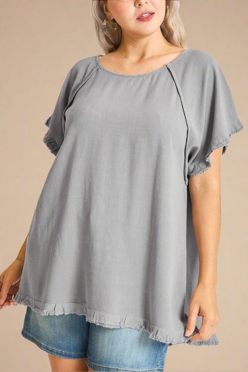 UMGEE - Slate Gray Frayed Hem Raglan Top